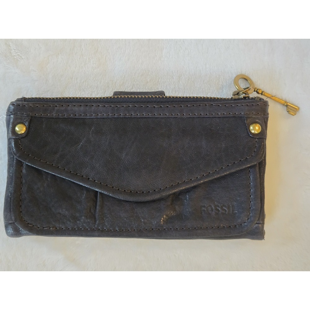 FOSSIL Soft Pebbled Black Distressed Leather Organizer Wallet Clutch Key Nice